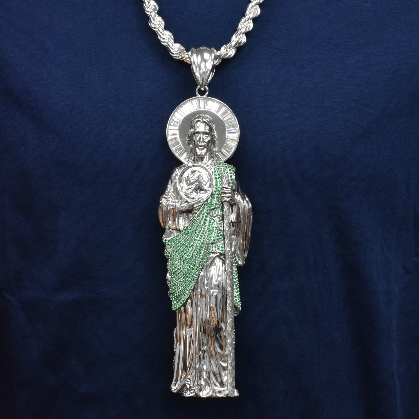 Rhodium Plated 925 Sterling Silver Saint Jude Clear Baguette and Green Round CZ 57.1mm x 177.8mm Pendant - PAP00191