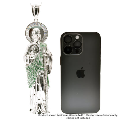 Rhodium Plated 925 Sterling Silver Saint Jude Clear Baguette and Green Round CZ 57.1mm x 177.8mm Pendant - GMP00191