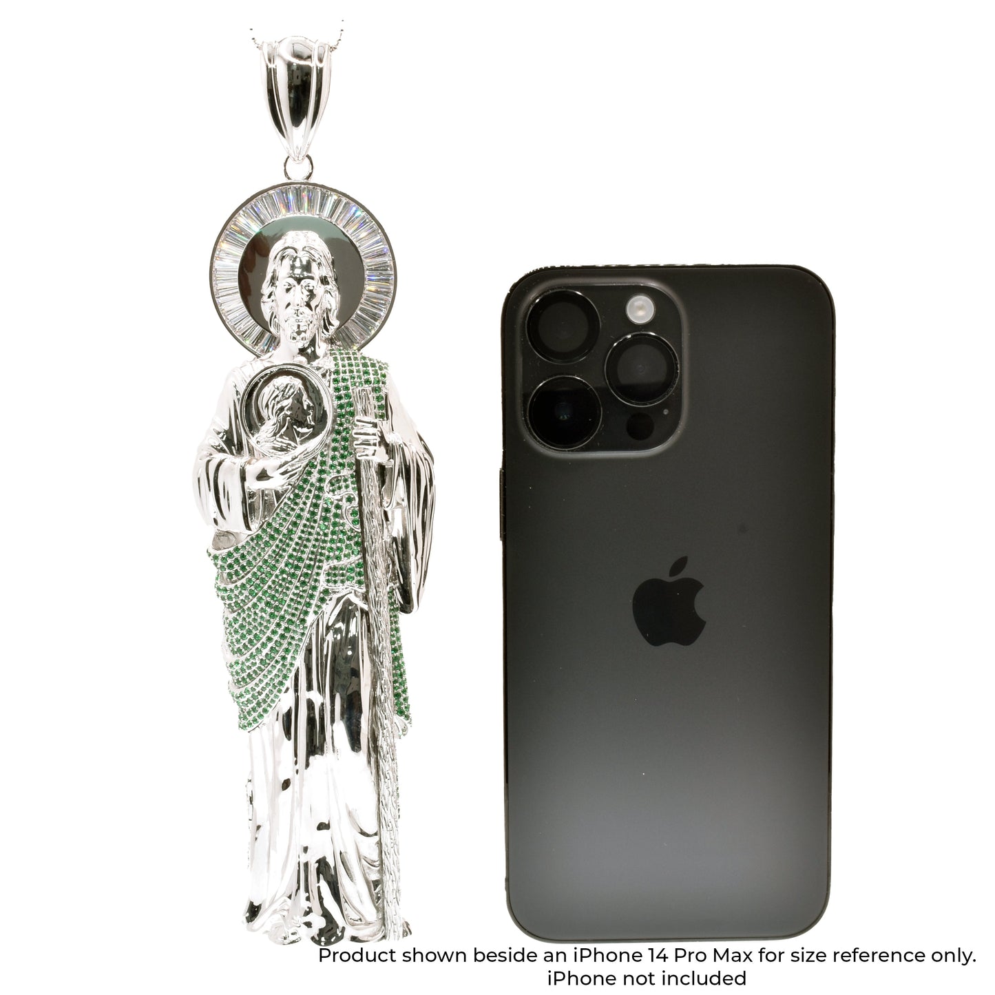 Rhodium Plated 925 Sterling Silver Saint Jude Clear Baguette and Green Round CZ 57.1mm x 177.8mm Pendant - PAP00191