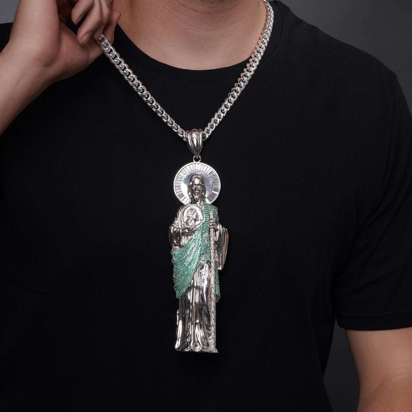 Rhodium Plated 925 Sterling Silver Saint Jude Clear Baguette and Green Round CZ 57.1mm x 177.8mm Pendant - PAP00191