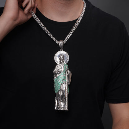 Rhodium Plated 925 Sterling Silver Saint Jude Clear Baguette and Green Round CZ 57.1mm x 177.8mm Pendant - PAP00191