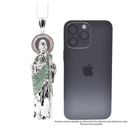 Rhodium Plated 925 Sterling Silver Saint Jude Clear Baguette and Green Round CZ 43.5mm x 139.2mm Pendant - GMP00192