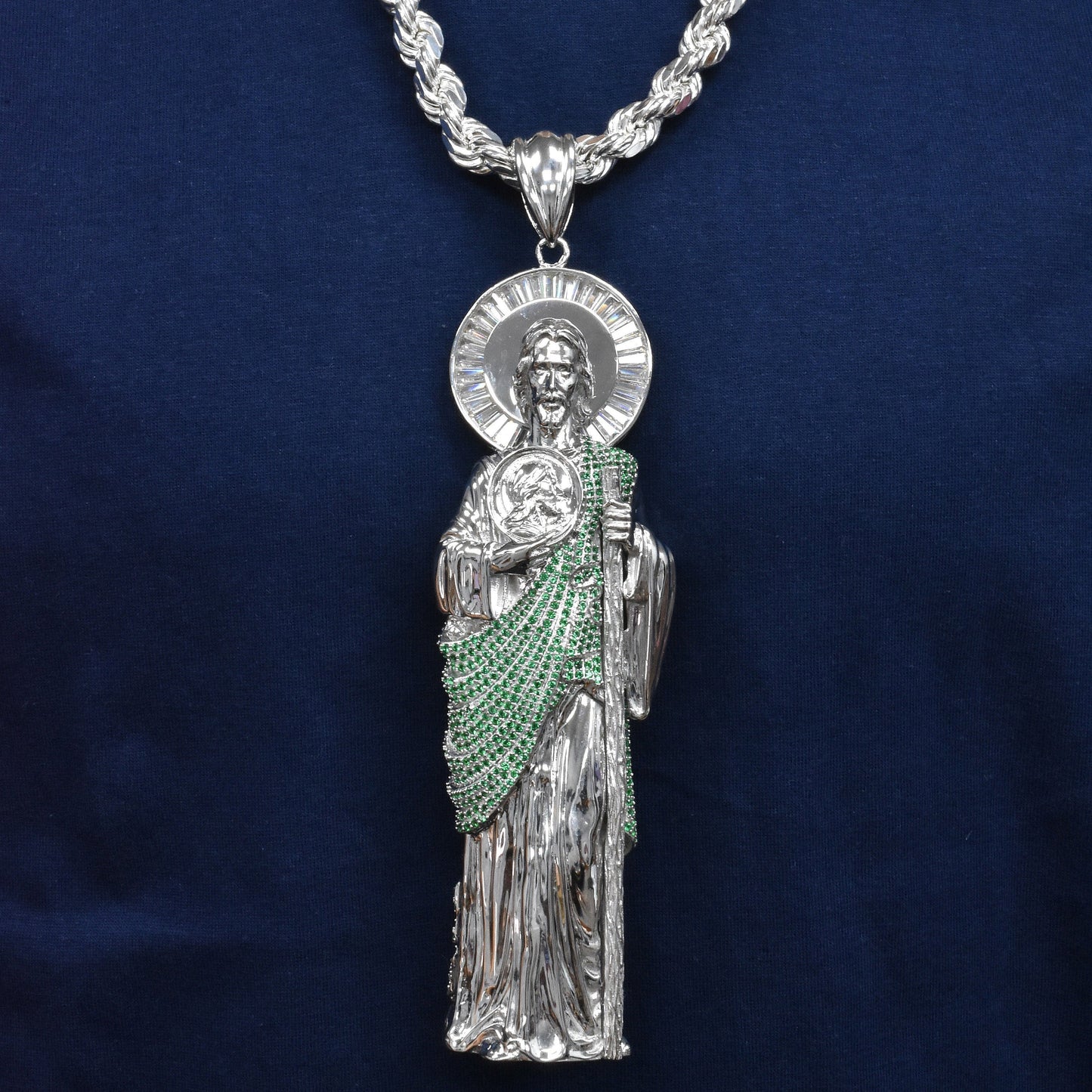 Rhodium Plated 925 Sterling Silver Saint Jude Clear Baguette and Green Round CZ 43.5mm x 139.2mm Pendant - PAP00192