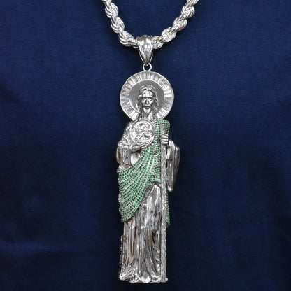 Rhodium Plated 925 Sterling Silver Saint Jude Clear Baguette and Green Round CZ 43.5mm x 139.2mm Pendant - PAP00192