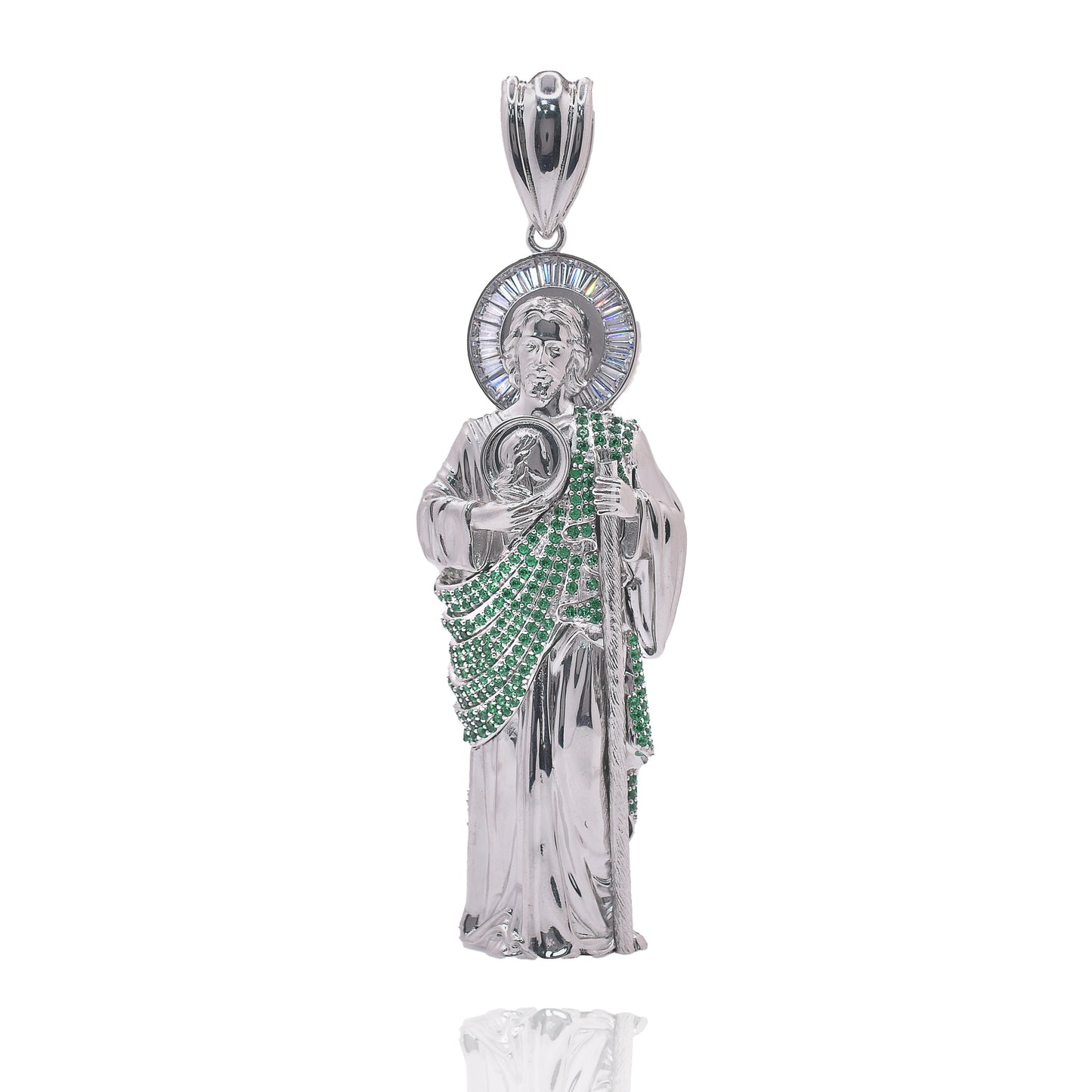 Rhodium Plated 925 Sterling Silver Saint Jude Clear Baguette and Green Round CZ 57.1mm x 177.8mm Pendant - PAP00191