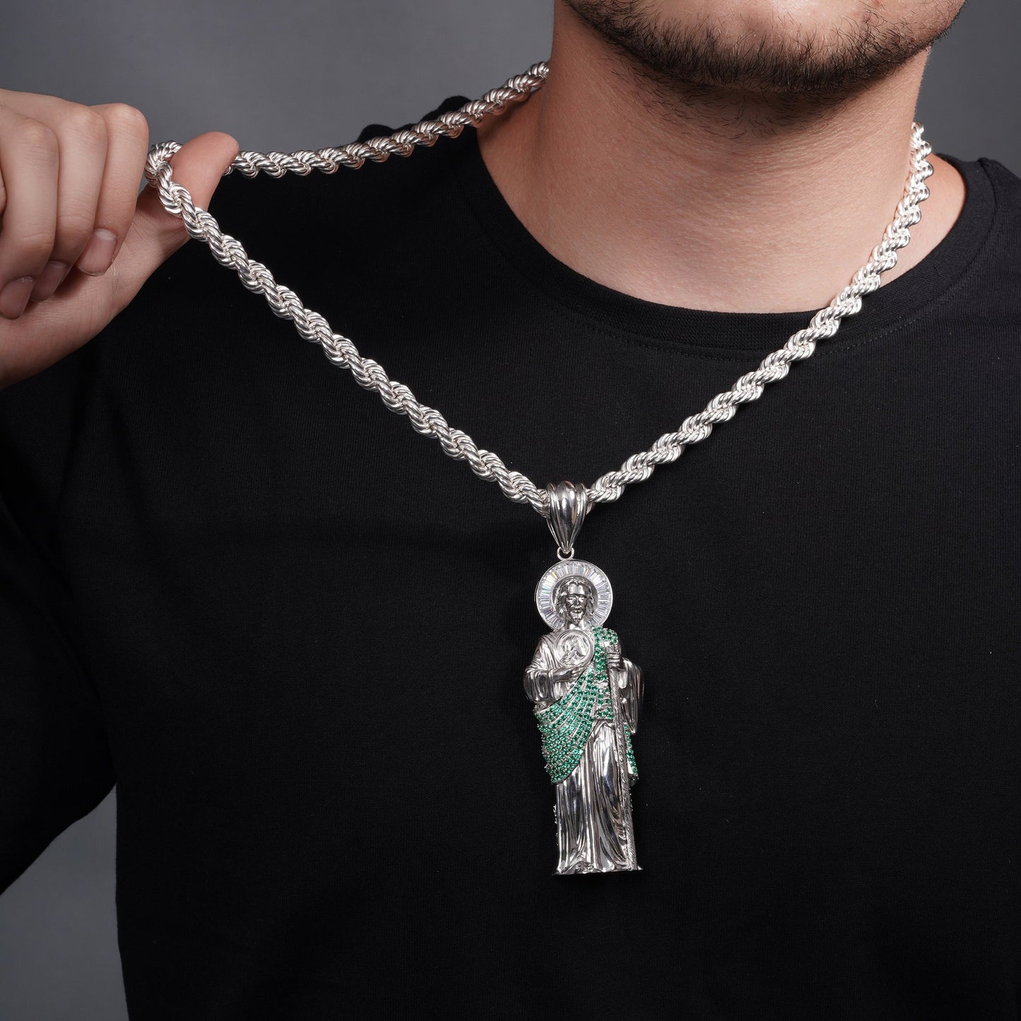 Rhodium Plated 925 Sterling Silver Saint Jude Clear Baguette and Green Round CZ 39mm x 102mm Pendant - PAP00193