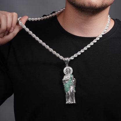 Rhodium Plated 925 Sterling Silver Saint Jude Clear Baguette and Green Round CZ 39mm x 102mm Pendant - PAP00193