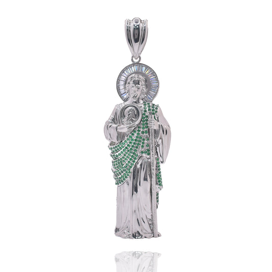 Rhodium Plated 925 Sterling Silver Saint Jude Clear Baguette and Green Round CZ 39mm x 102mm Pendant - PAP00193