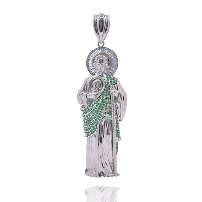 Rhodium Plated 925 Sterling Silver Saint Jude Clear Baguette and Green Round CZ 43.5mm x 139.2mm Pendant - PAP00192