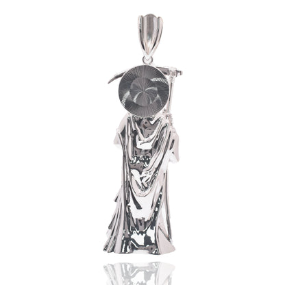Rhodium Plated 925 Sterling Silver Santa Muerte Baguette Clear CZ 32mm x 100mm Pendant - PAP00194