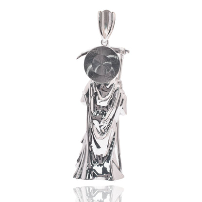 Rhodium Plated 925 Sterling Silver Santa Muerte Baguette Clear CZ 32mm x 100mm Pendant - GMP00194
