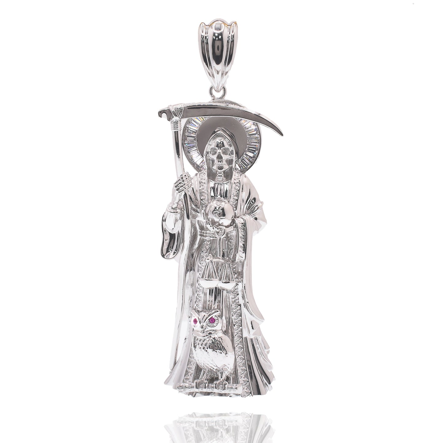 Rhodium Plated 925 Sterling Silver Santa Muerte Baguette Clear CZ 32mm x 100mm Pendant - GMP00194