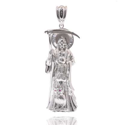 Rhodium Plated 925 Sterling Silver Santa Muerte Baguette Clear CZ 32mm x 100mm Pendant - PAP00194