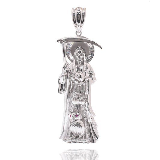 Rhodium Plated 925 Sterling Silver Santa Muerte Baguette Clear CZ 32mm x 100mm Pendant - PAP00194