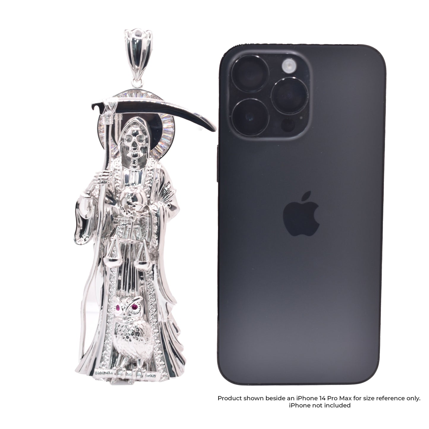 Rhodium Plated 925 Sterling Silver Santa Muerte Baguette Clear CZ 51mm x 140mm Pendant - PAP00195