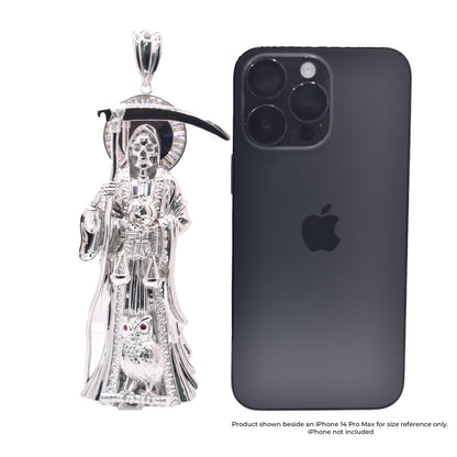 Rhodium Plated 925 Sterling Silver Santa Muerte Baguette Clear CZ 51mm x 140mm Pendant - PAP00195