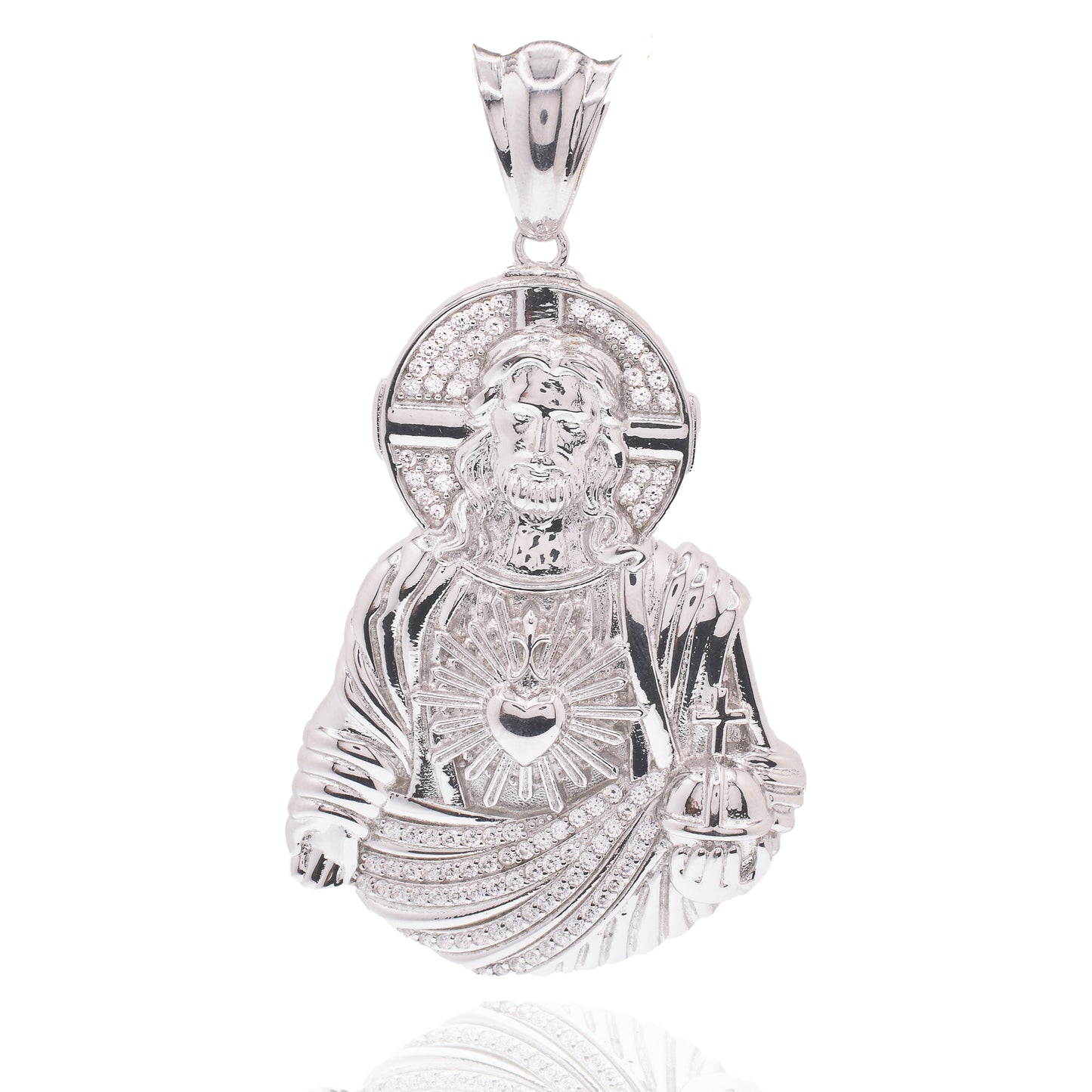 Rhodium Plated 925 Sterling Silver Jesus Christ Sacred Heart Clear CZ 43mm x 60mm Pendant - PAP00199