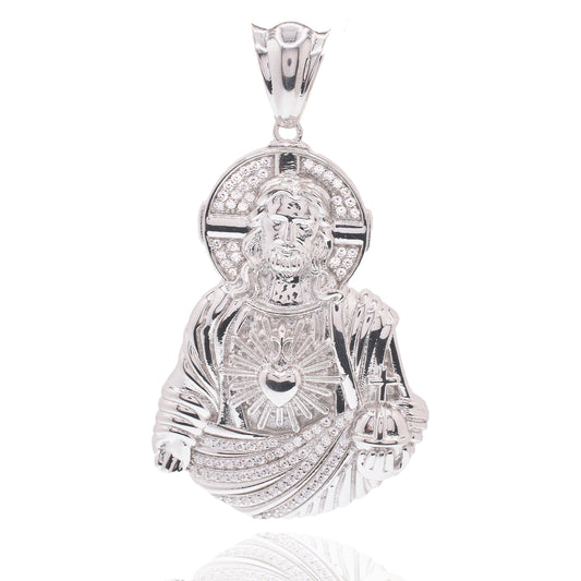 Rhodium Plated 925 Sterling Silver Jesus Christ Sacred Heart Clear CZ 43mm x 60mm Pendant - PAP00199