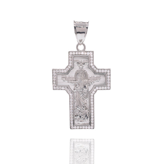 Rhodium Plated 925 Sterling Silver Saint Jude Diamond Cut Cross Clear CZ 30mm x 41mm Pendant - PAP00200