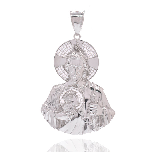 Rhodium Plated 925 Sterling Silver Sacred Heart Jesus Clear CZ 41.5mm x 51.5mm Pendant - GMP00202