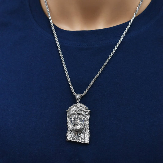 Rhodium Plated 925 Sterling Silver Jesus Christ Clear CZ Eyes 26mm x 46mm Pendant - PAP00203