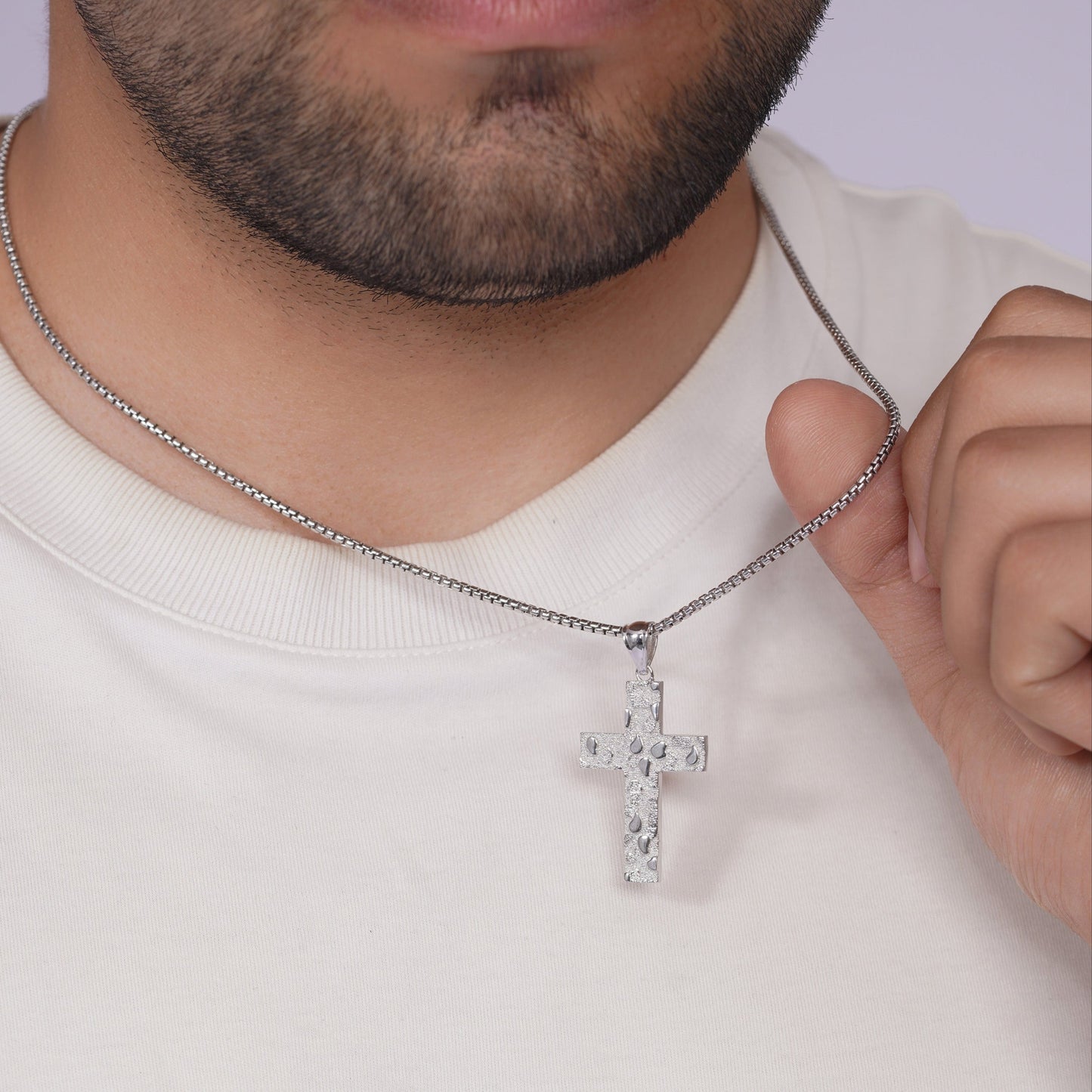 Rhodium Plated 925 Sterling Silver Nugget Cross 23.5mm x 35.3mm Pendant - PAP00208