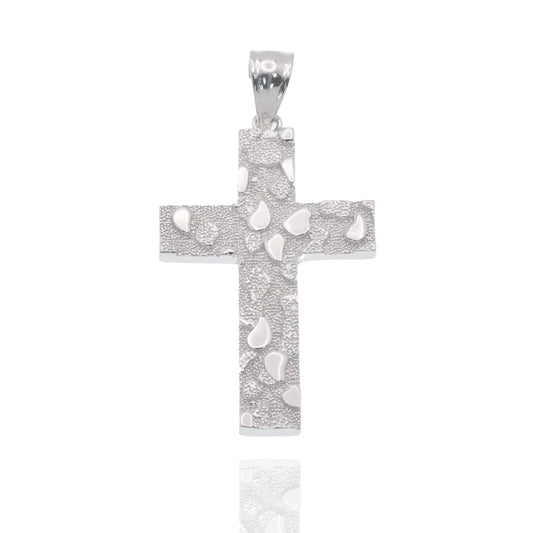 Rhodium Plated 925 Sterling Silver Nugget Cross 23.5mm x 35.3mm Pendant - PAP00208