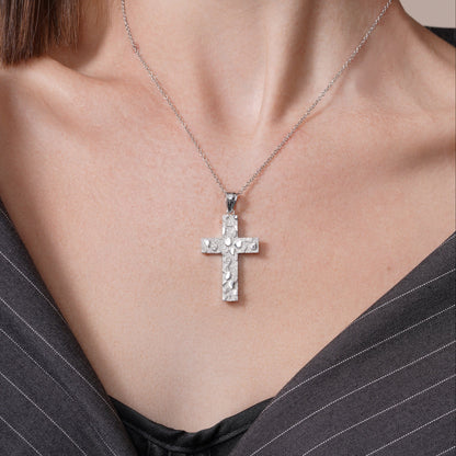 Rhodium Plated 925 Sterling Silver Nugget Cross 23.5mm x 35.3mm Pendant - PAP00208