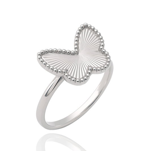 Rhodium Plated 925 Sterling Silver Diamond Cut 15.3mm x 12mm Butterfly Ring - GMR00460