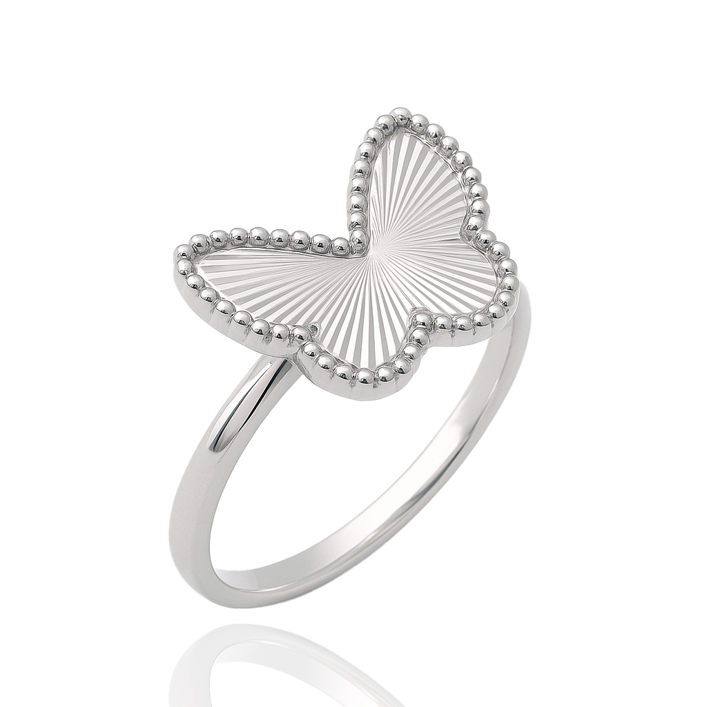 Rhodium Plated 925 Sterling Silver Diamond Cut 15.3mm x 12mm Butterfly Ring - GMR00460