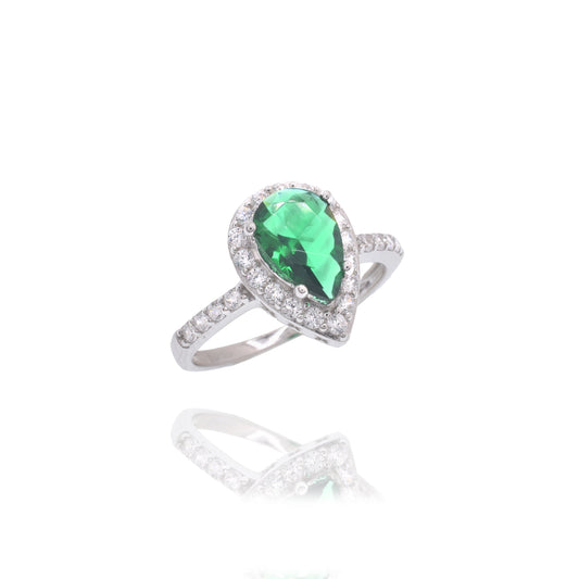 Rhodium Plated 925 Sterling Silver Teardrop Emerald and Clear CZ Ring - PAR00039