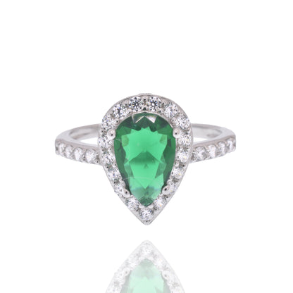 Rhodium Plated 925 Sterling Silver Teardrop Emerald and Clear CZ Ring - PAR00039