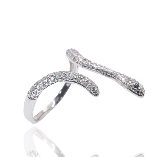 Rhodium Plated 925 Sterling Silver Snake Clear CZ Ring - PAR00040