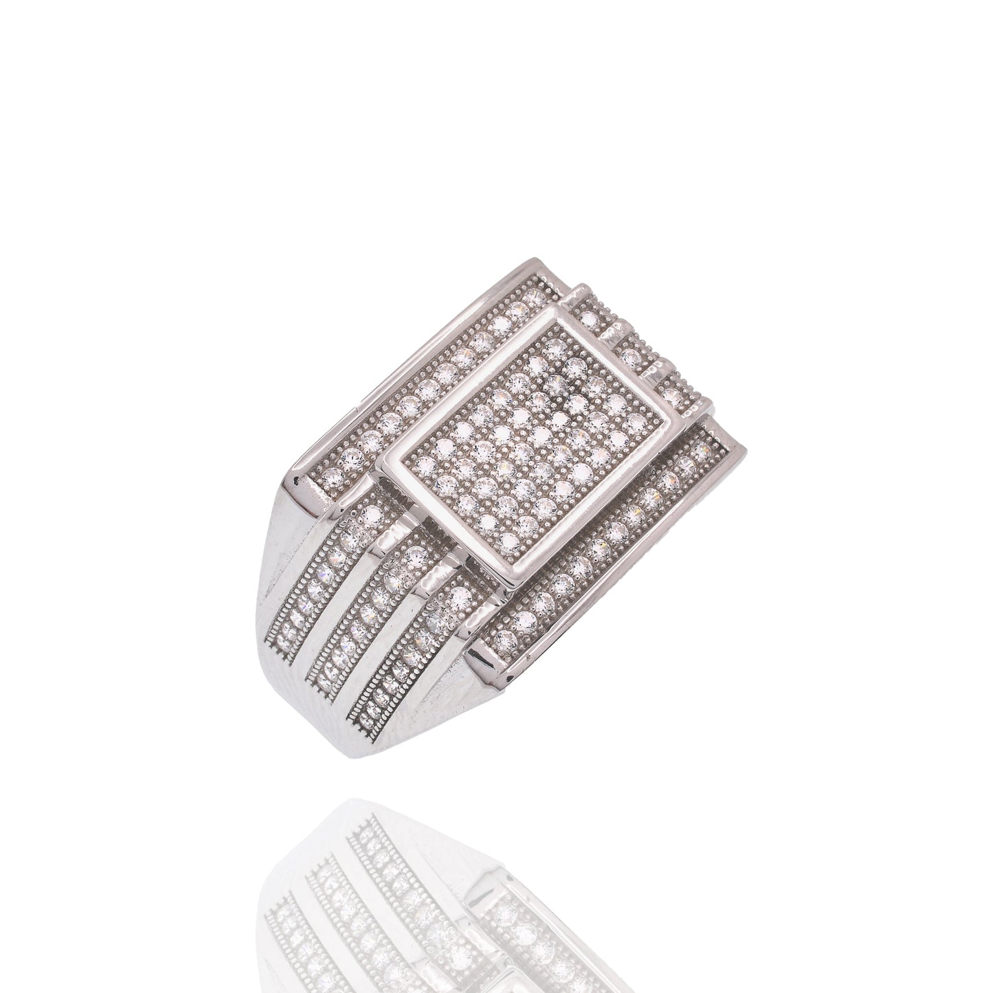 Rhodium Plated 925 Sterling Silver Men's CZ Rectangle Modern Iced Out Statement Band Ring - PAR00438