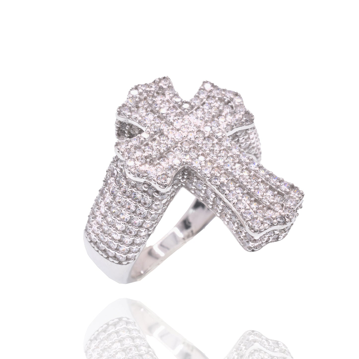 Rhodium Plated 925 Sterling Silver Men's Iced Out Cross Pave CZ Statement Ring - PAR00442