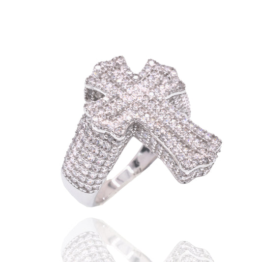 Rhodium Plated 925 Sterling Silver Men's Iced Out Cross Pave CZ Statement Ring - PAR00442