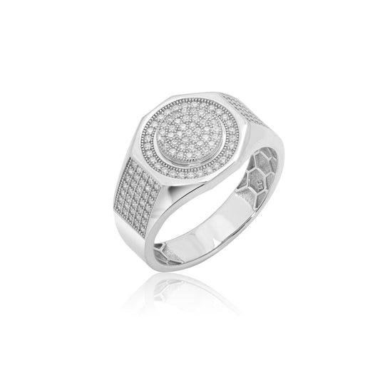 Rhodium Plated 925 Sterling Silver Men's Hexagon Iced Out Round Top Clear CZ Statement Ring - PAR00443