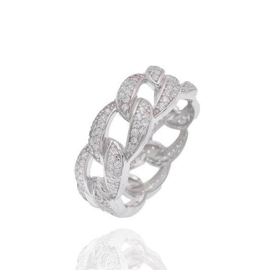 Rhodium Plated 925 Sterling Silver Iced Cuban Link Clear CZ 8.7mm Ring - GMR00449