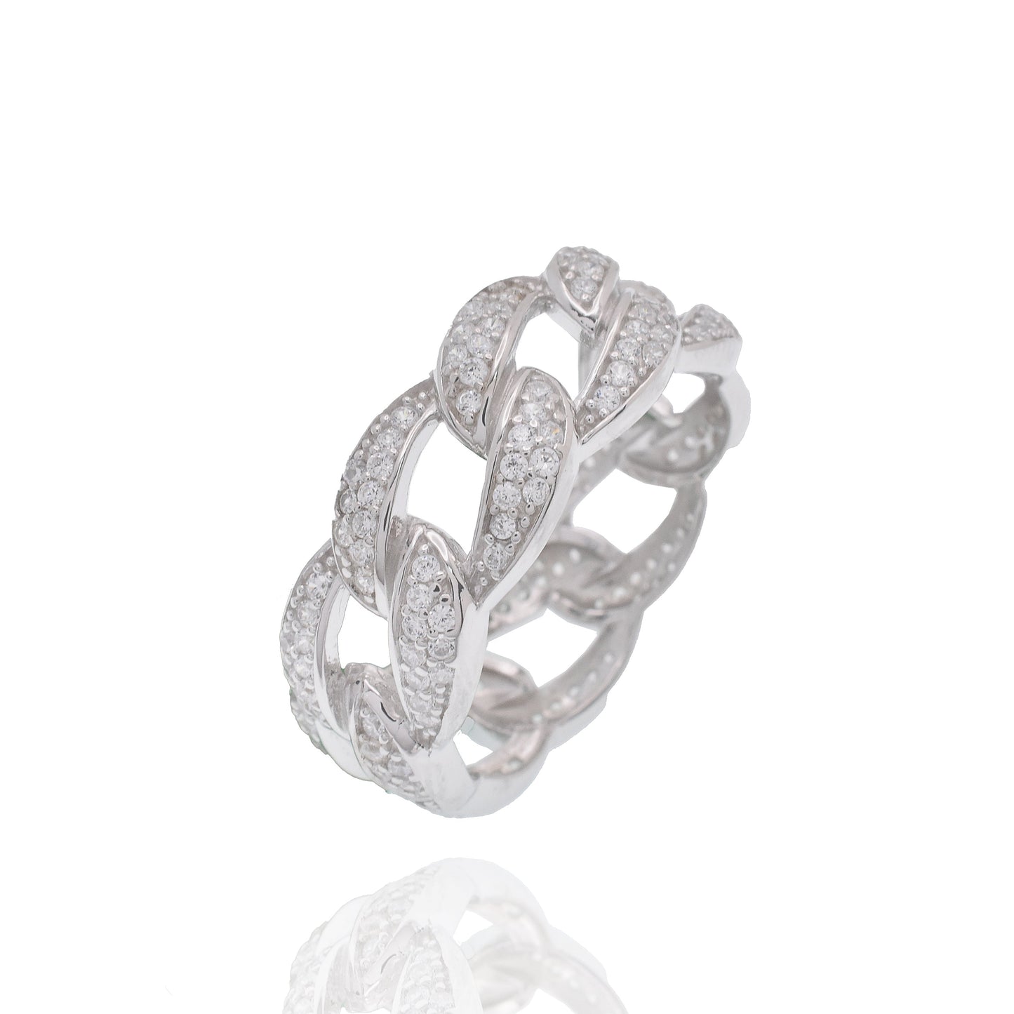 Rhodium Plated 925 Sterling Silver Iced Cuban Link Clear CZ 8.7mm Ring - GMR00449