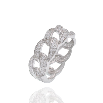 Rhodium Plated 925 Sterling Silver Iced Cuban Link Clear CZ 8.7mm Ring - GMR00449