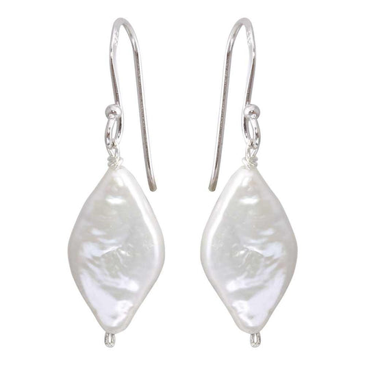 Silver 925 Rhodium Plated Fish Hook Diamond Shape Dangling Pearl Earrings - PJE00007 | Silver Palace Inc.