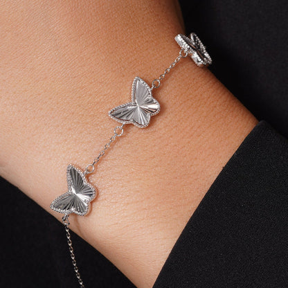 Rhodium Plated 925 Sterling Silver Diamond Cut Three Butterfly Charm 12mm x 9.5mm Adjustable Bracelet  - PXB00001