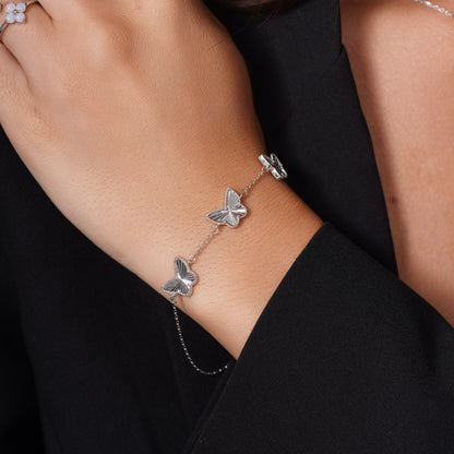 Rhodium Plated 925 Sterling Silver Diamond Cut Three Butterfly Charm 12mm x 9.5mm Adjustable Bracelet  - PXB00001