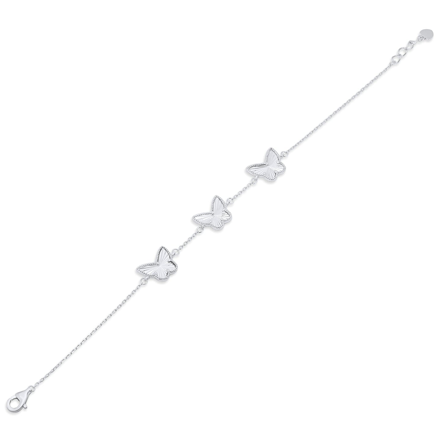 Rhodium Plated 925 Sterling Silver Diamond Cut Three Butterfly Charm 12mm x 9.5mm Adjustable Bracelet  - PXB00001