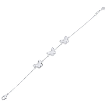 Rhodium Plated 925 Sterling Silver Diamond Cut Three Butterfly Charm 12mm x 9.5mm Adjustable Bracelet  - PXB00001