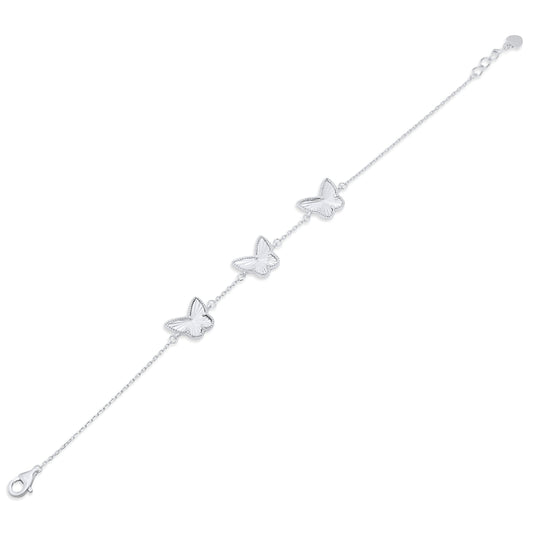 Rhodium Plated 925 Sterling Silver Diamond Cut Three Butterfly Charm 12mm x 9.5mm Adjustable Bracelet  - PXB00001