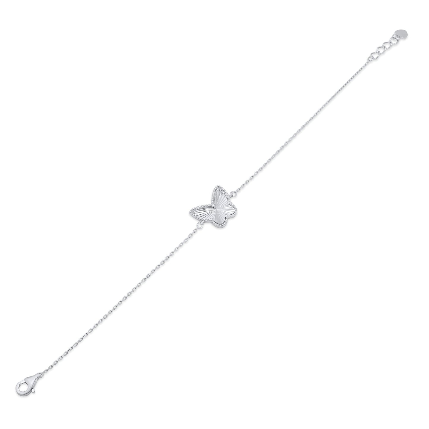 Rhodium Plated 925 Sterling Silver Diamond Cut Butterfly Charm 15.3mm x 12mm Adjustable Bracelet  - PXB00002