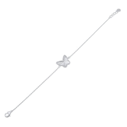 Rhodium Plated 925 Sterling Silver Diamond Cut Butterfly Charm 15.3mm x 12mm Adjustable Bracelet  - PXB00002
