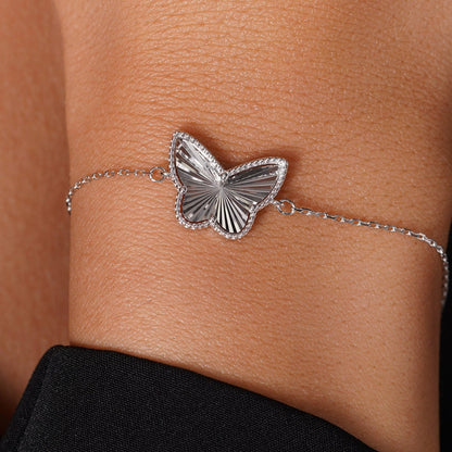 Rhodium Plated 925 Sterling Silver Diamond Cut Butterfly Charm 15.3mm x 12mm Adjustable Bracelet  - PXB00002