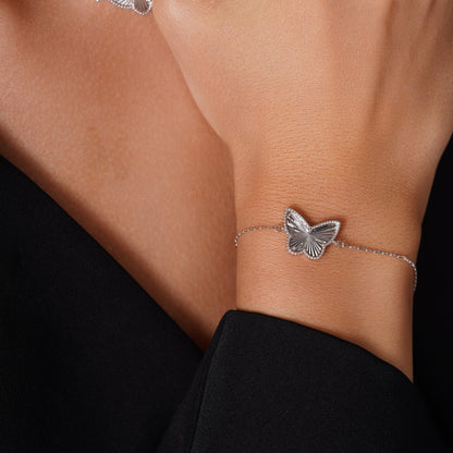 Rhodium Plated 925 Sterling Silver Diamond Cut Butterfly Charm 15.3mm x 12mm Adjustable Bracelet  - PXB00002